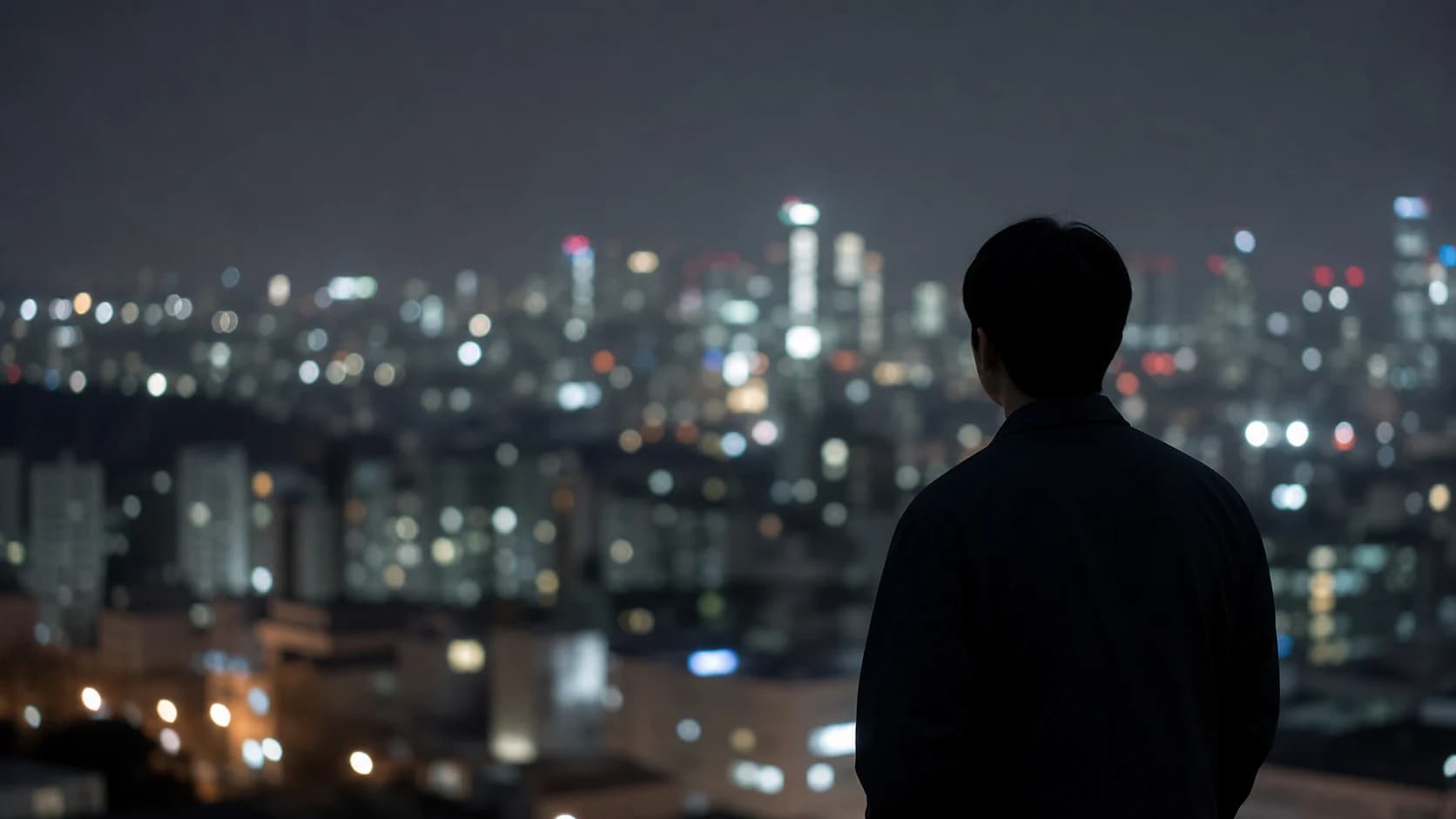 밤의 도시에서 부드럽게 퍼진 먼 불빛을 바라보는 사람의 실루엣에 가까운 뒷모습 중거리