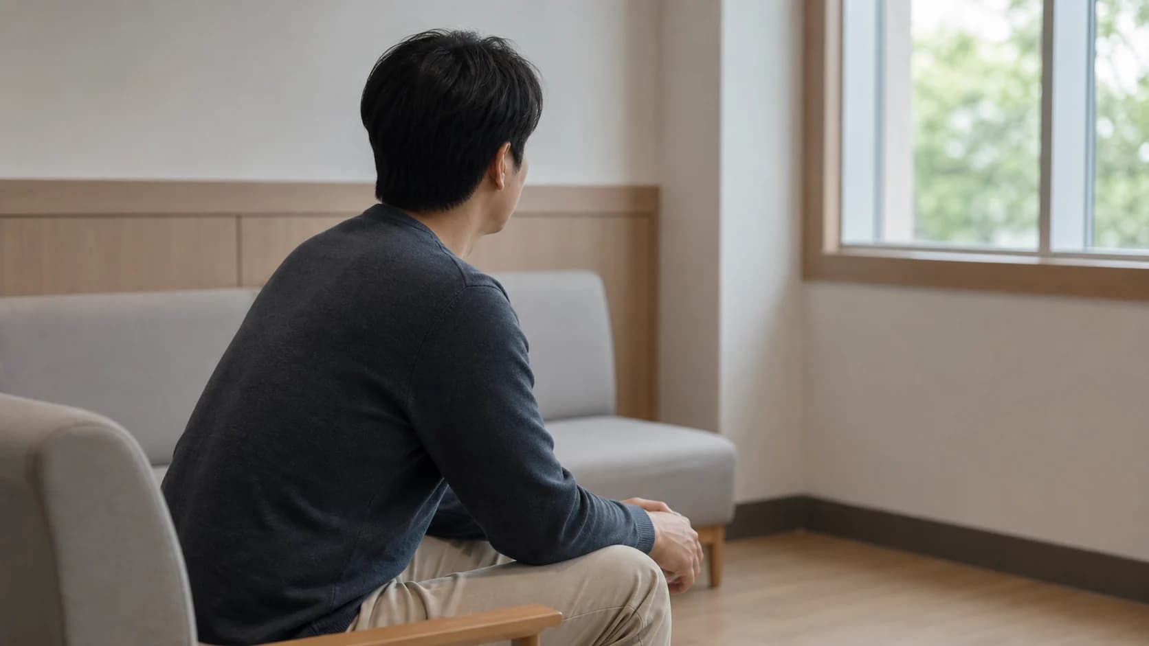 창으로 빛이 드는 중립적인 대기 공간에서 무릎 위에 손을 두고 앉아 기다리는 사람의 측면 중거리