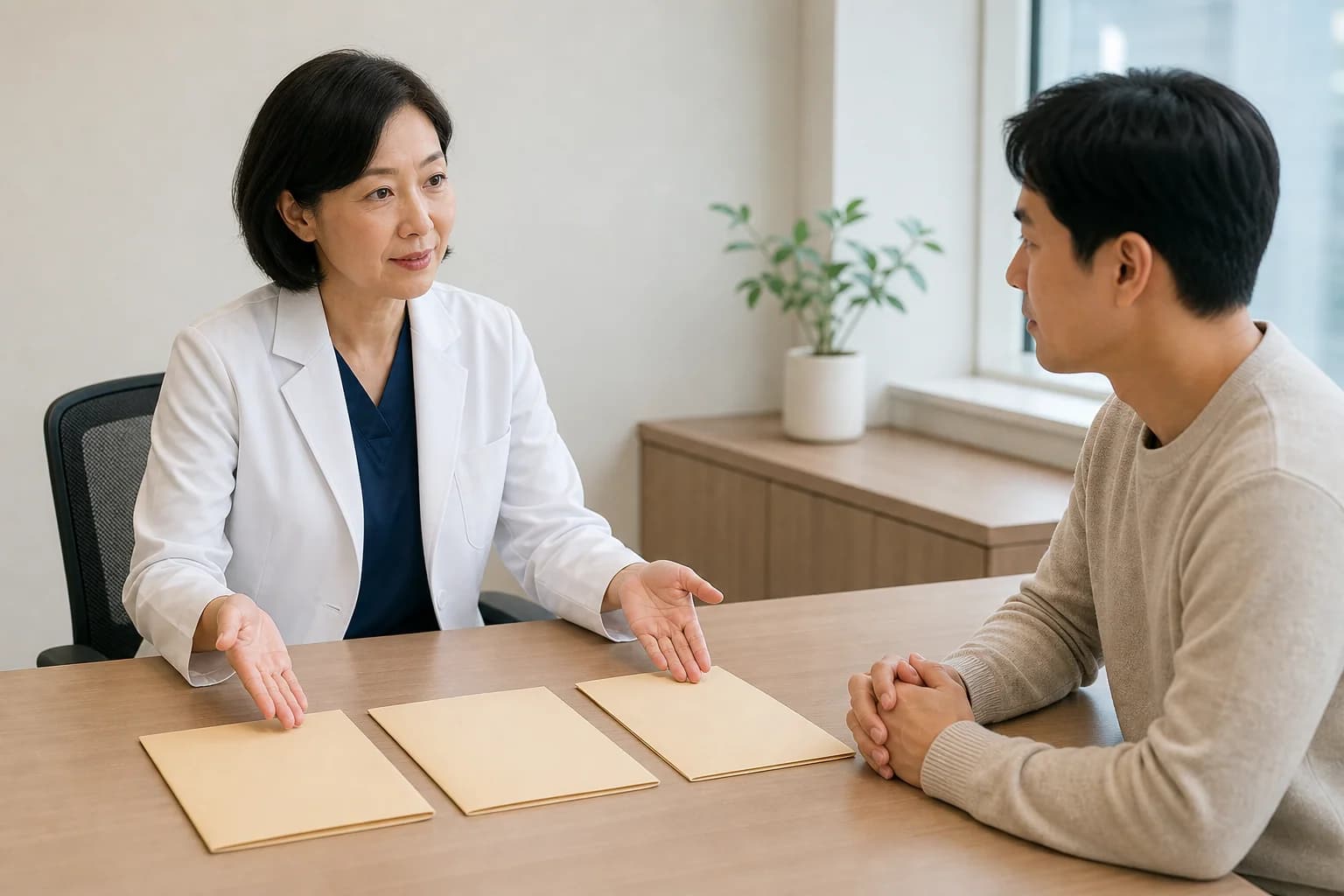 망막박리 수술법을 하나의 순위가 아니라 세 선택 경로로 나누어 상담하는 장면