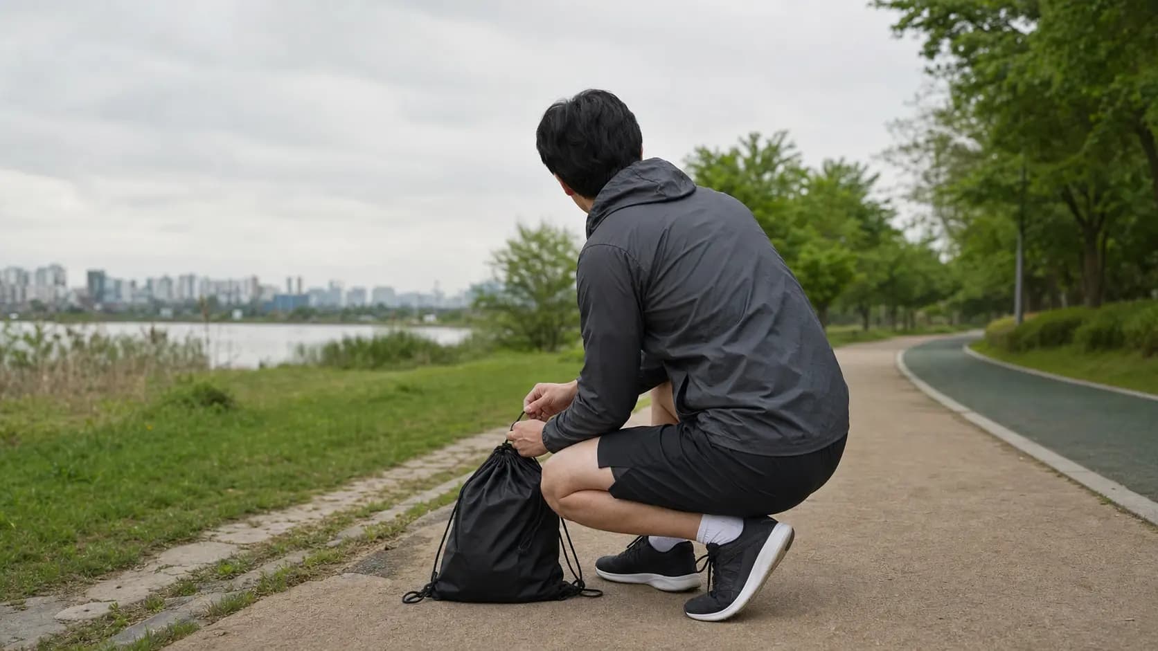 야외에서 몸을 쓰기 전 장비를 정리하는 뒷모습