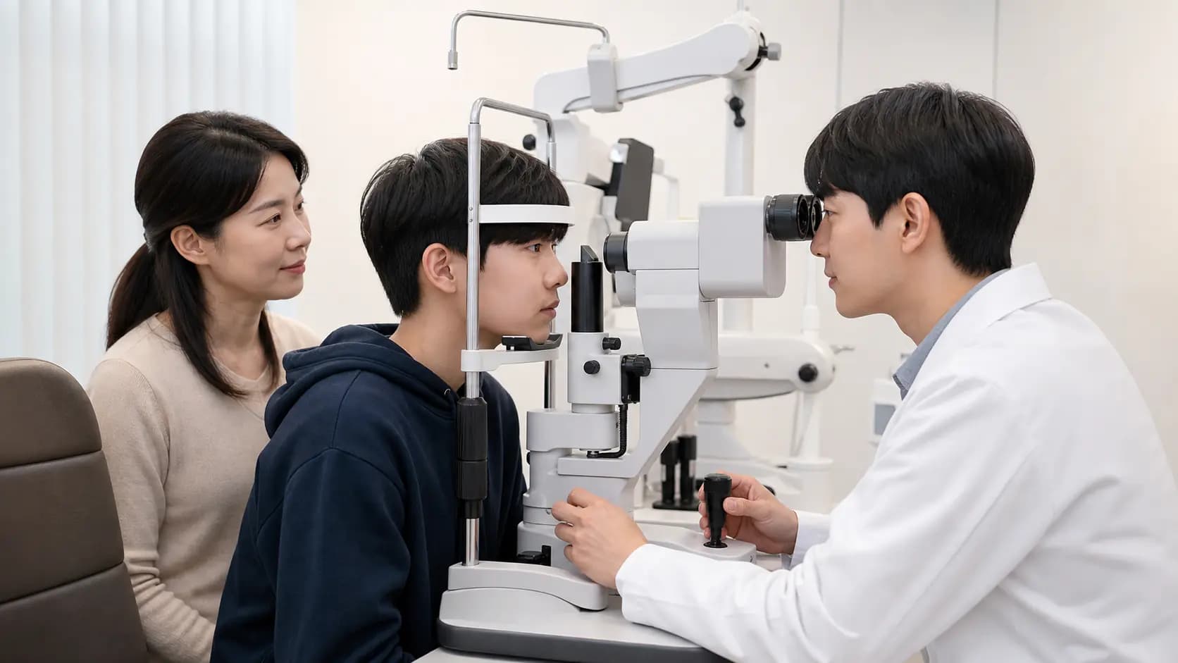 보호자와 함께 근시 관련 눈 검사를 받는 청소년