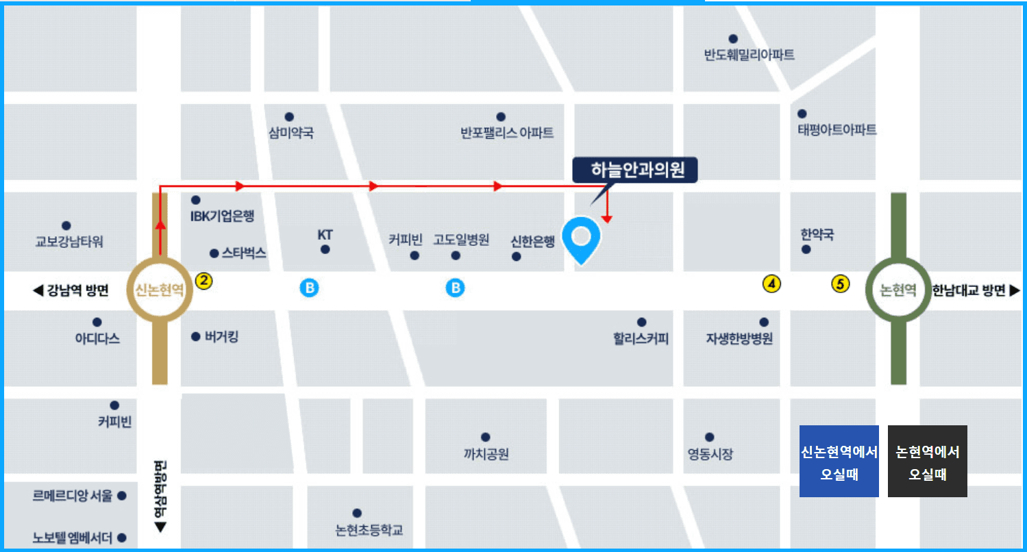 하늘안과의원 약도 — 신논현역·논현역 사이 강남대로변, 도보 5분 거리
