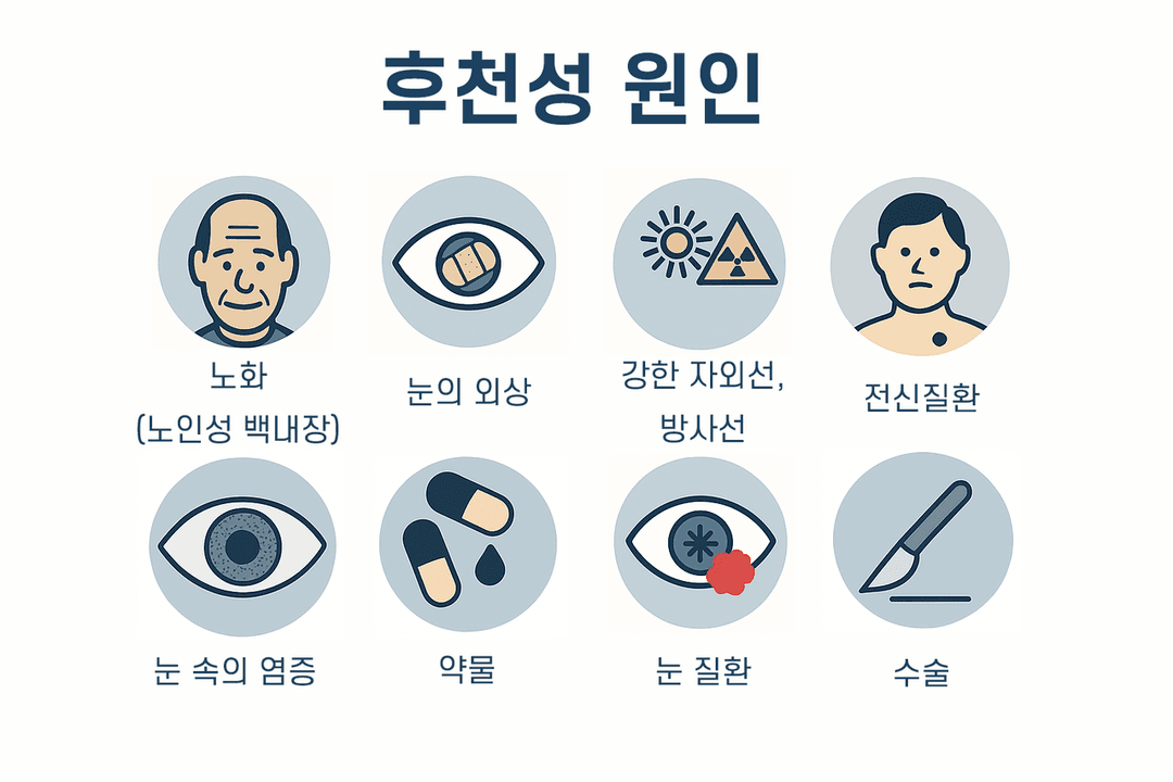 백내장 후천성 원인 — 노화, 눈의 외상, 자외선·방사선, 전신질환, 눈 속 염증, 약물, 눈 질환, 수술