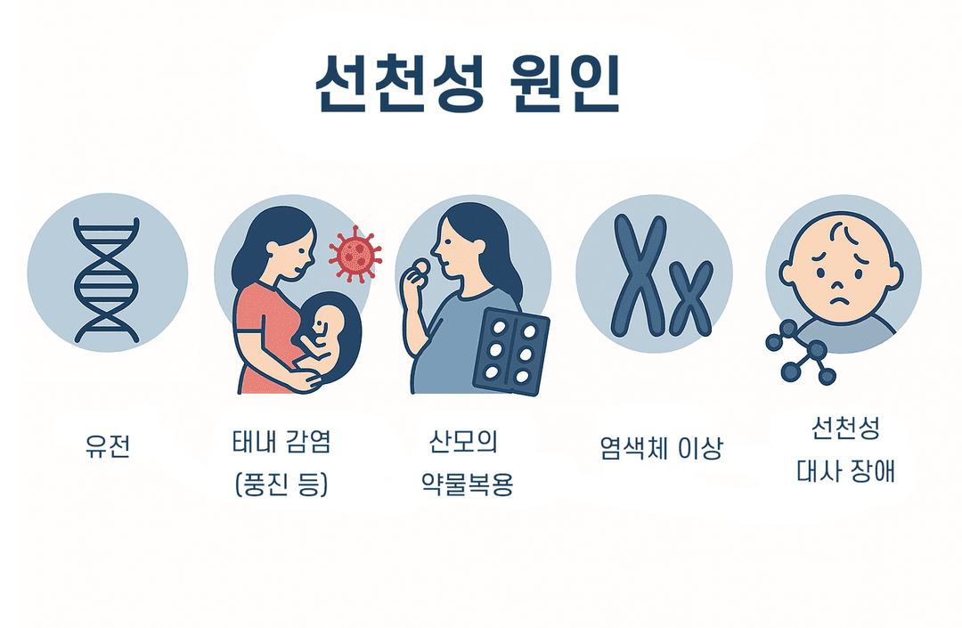 백내장 선천성 원인 — 유전, 태내 감염, 산모의 약물복용, 염색체 이상, 선천성 대사 장애