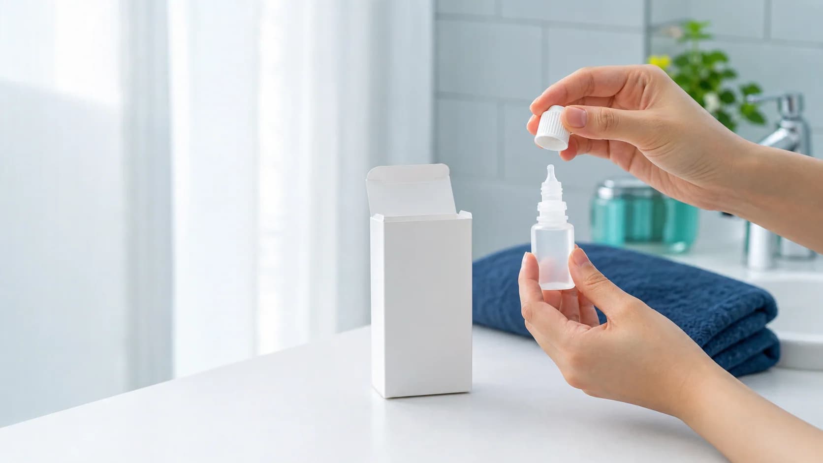 깨끗한 손과 점안 용기를 보여주는 안약 사용 준비 이미지