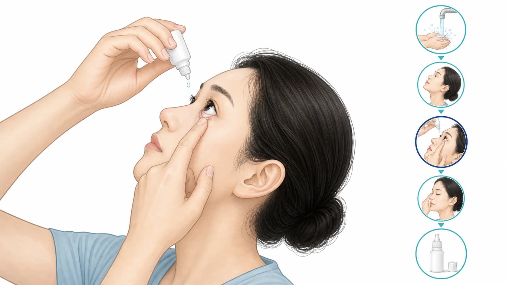 아래 눈꺼풀 공간에 안약 한 방울을 넣는 과정을 설명하는 교육 이미지