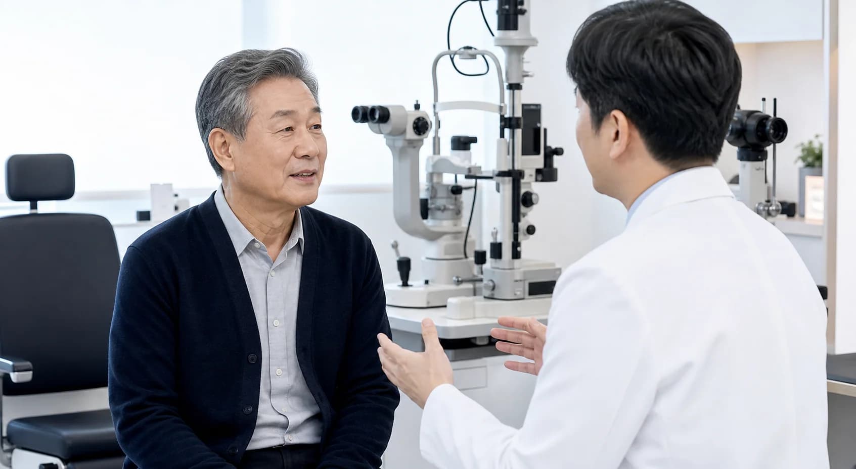 산동검사를 포함한 노년층 안과 검진 상담 장면