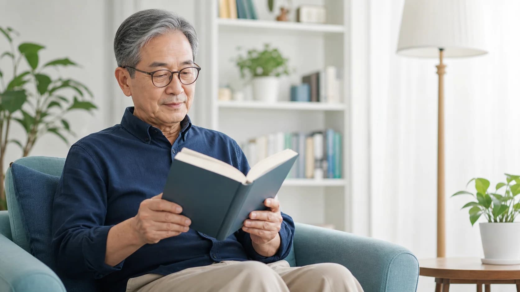 밝은 거실에서 안경을 쓰고 책을 읽는 노년층의 일상