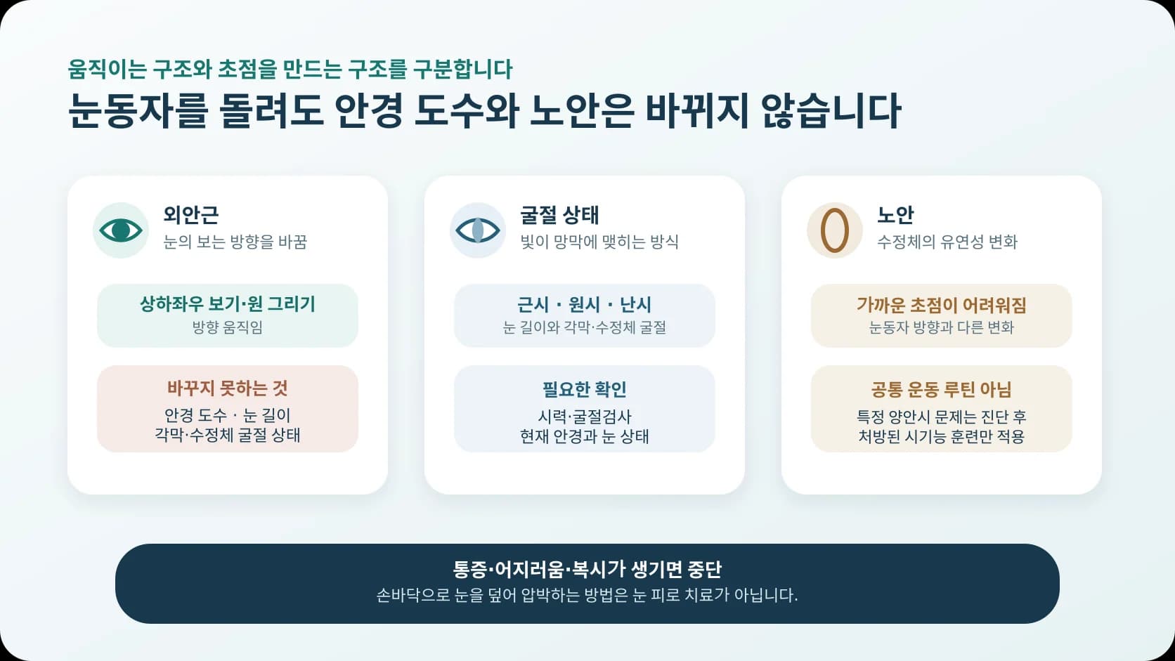 눈동자 방향 운동과 굴절 상태 및 노안의 차이를 구분한 도식