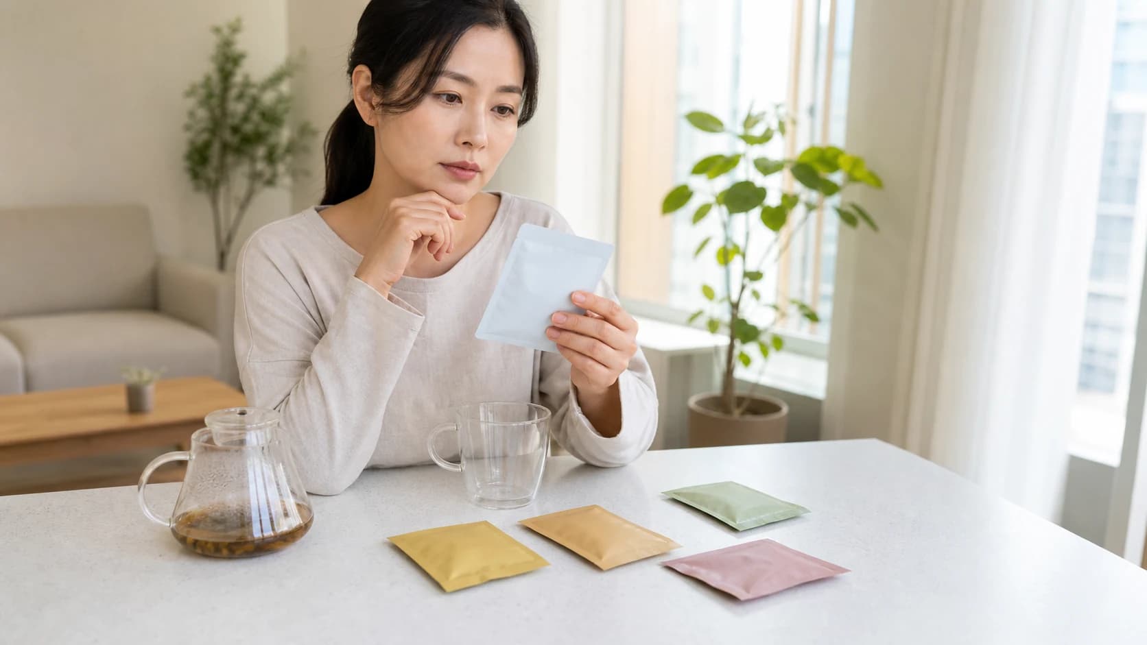 허브차 포장에서 원재료와 혼합 비율, 카페인과 제공량, 알레르기 주의, 물·온도·우림·보관 안내를 확인하는 네 영역