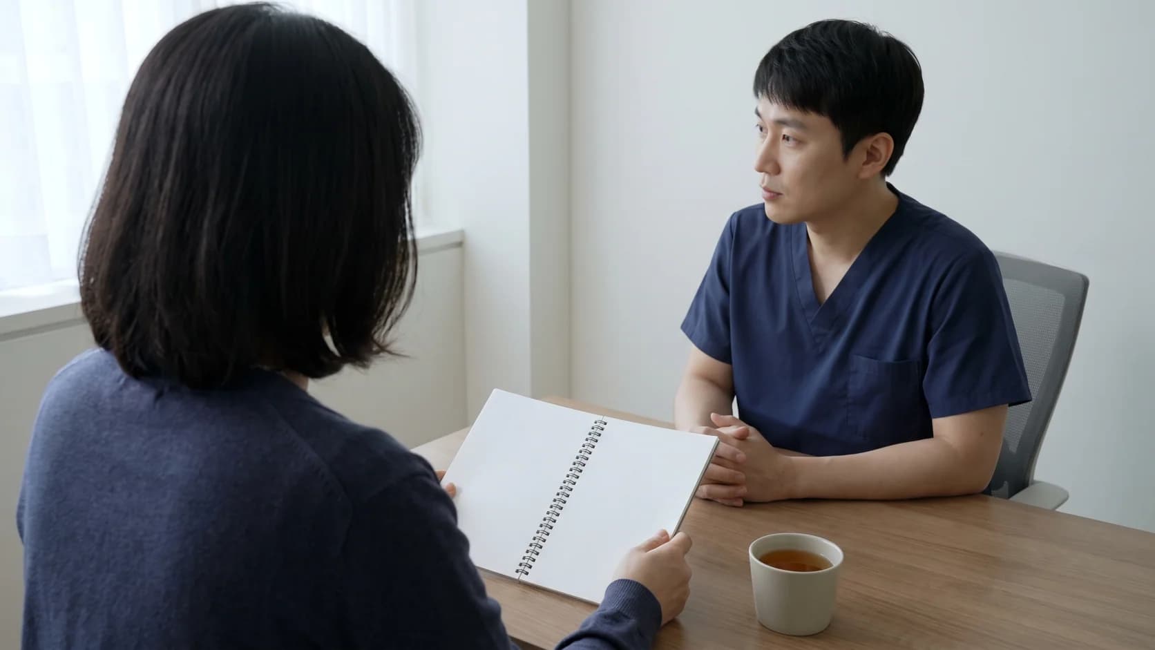 빈 기록장과 차 한 잔을 두고 지속되는 눈 불편을 상담하는 장면
