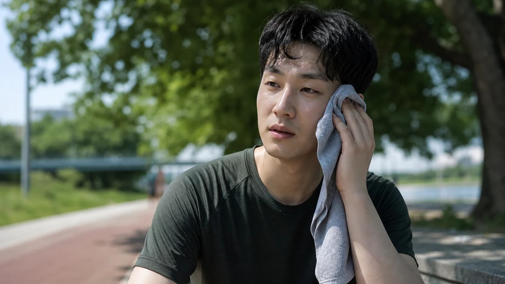 러닝 뒤 바람과 땀으로 눈이 불편한 사람이 손으로 비비지 않고 쉬는 모습