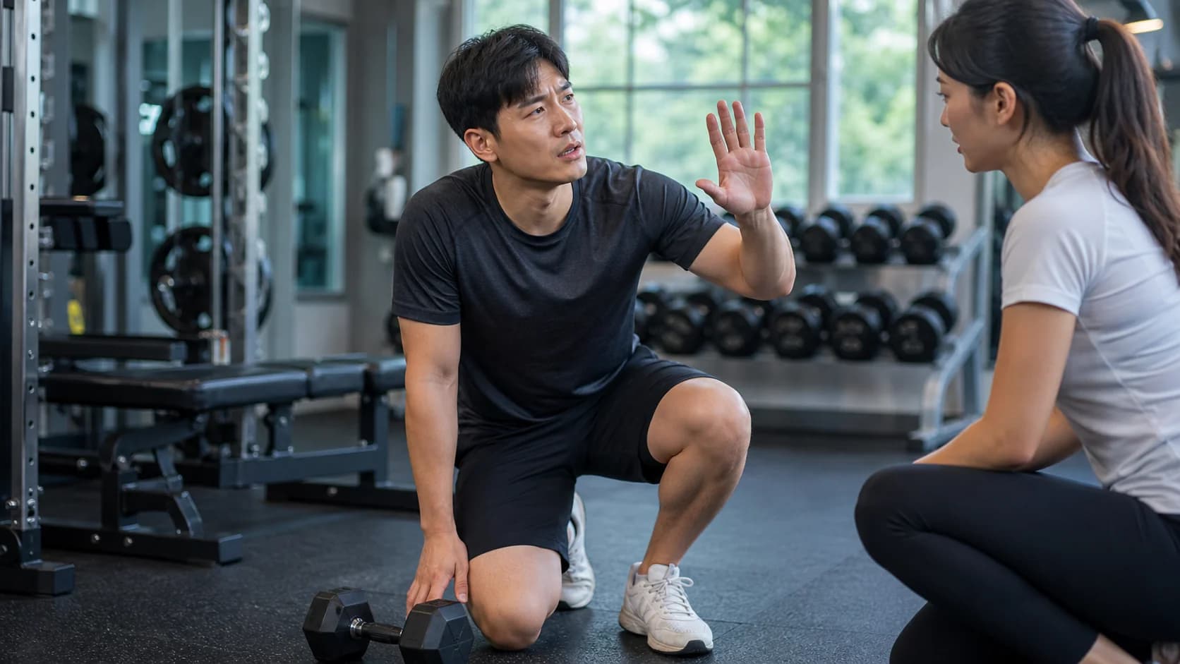 운동 중 눈 통증과 흐린 시야를 느껴 즉시 멈추고 도움을 요청하는 장면