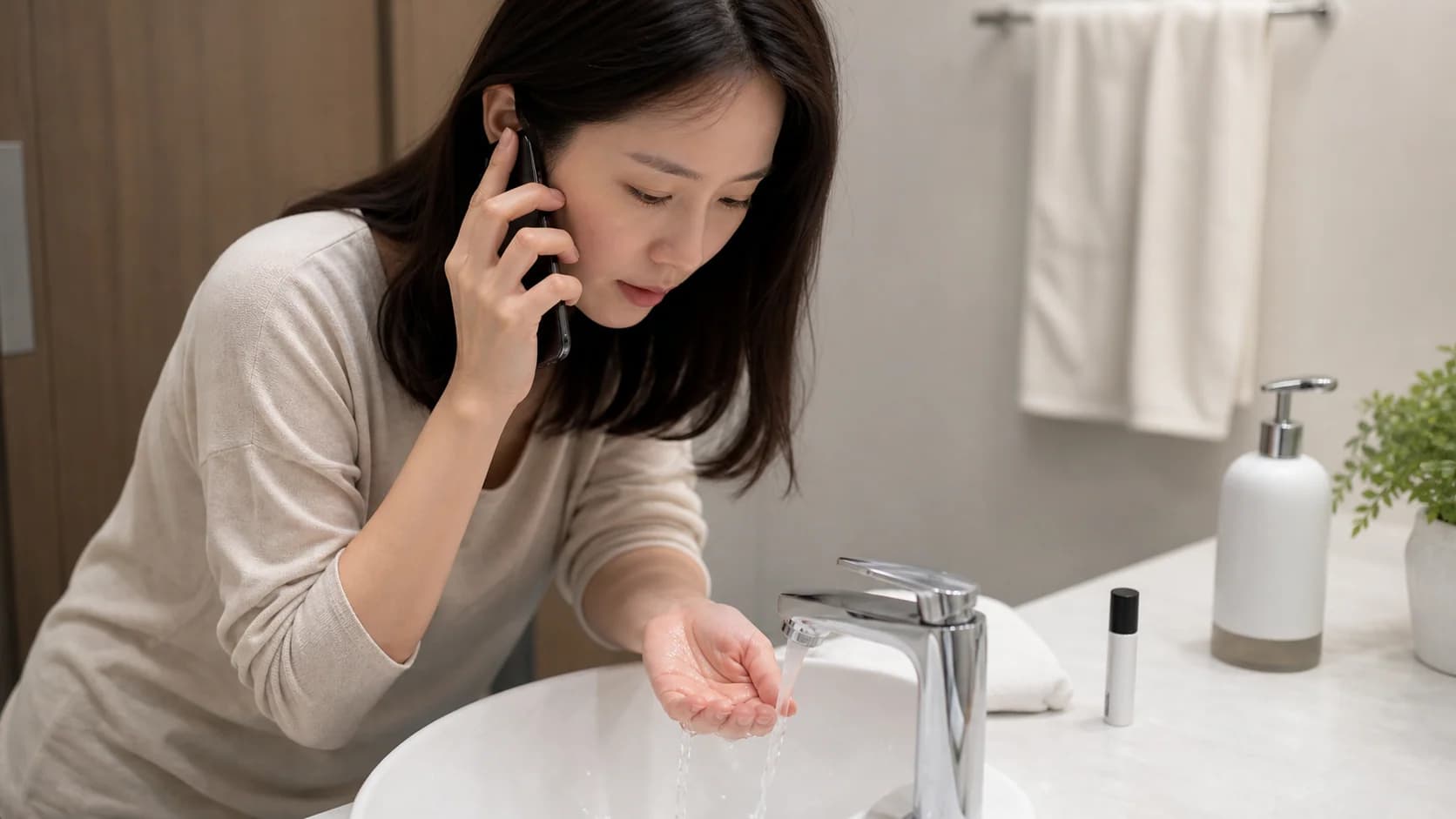 속눈썹 접착제 용기를 확보하고 즉시 눈 세척과 의료상담을 준비하는 모습