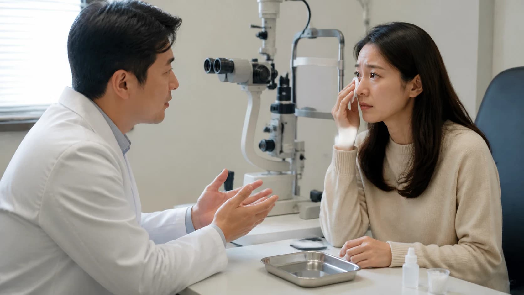 화장 도구가 눈에 닿은 뒤 도구를 내려놓고 긁힘 신호와 진료 행동을 구분하는 안내
