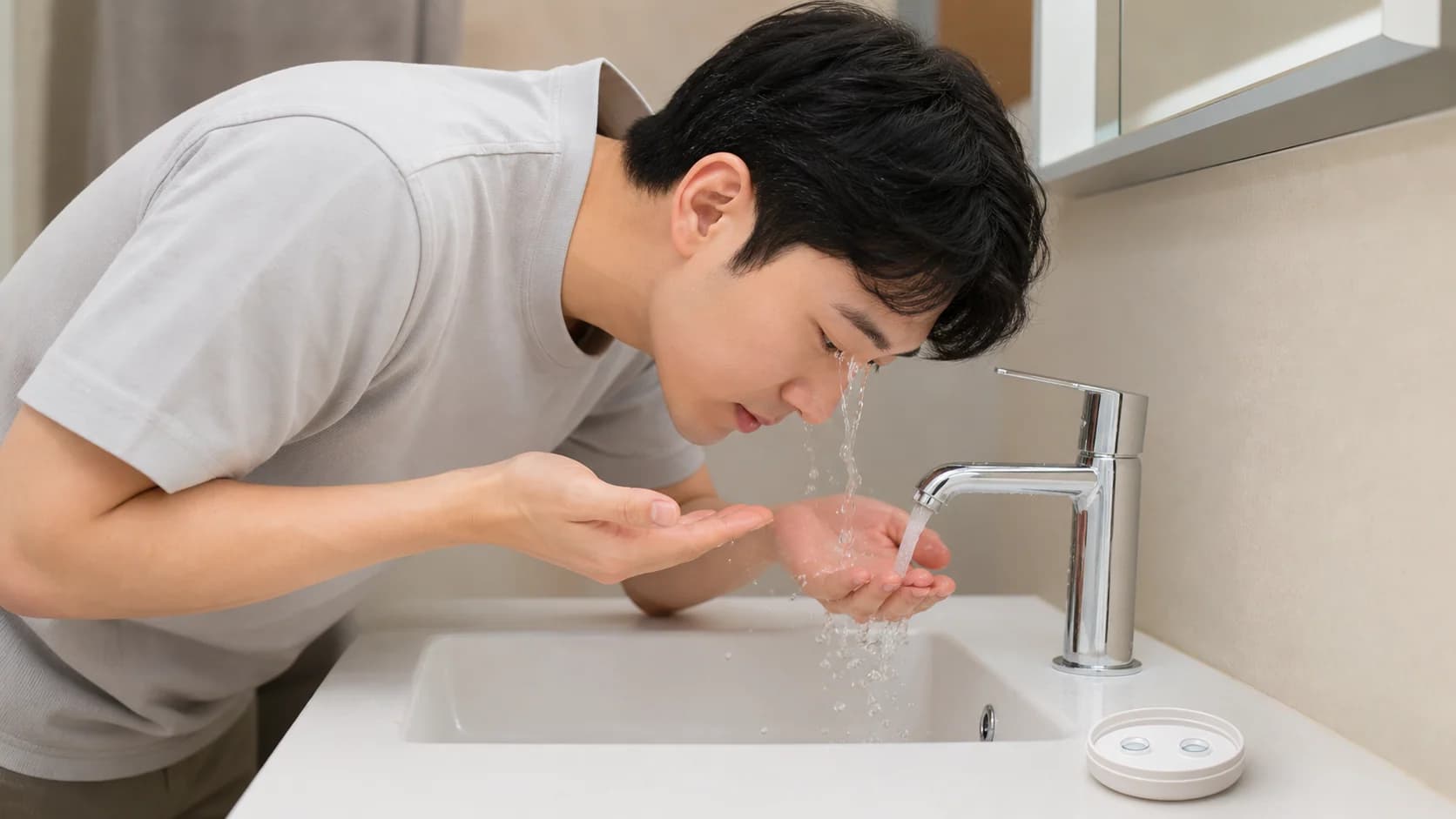렌즈를 제거한 뒤 미지근한 흐르는 물로 눈을 부드럽게 씻는 장면
