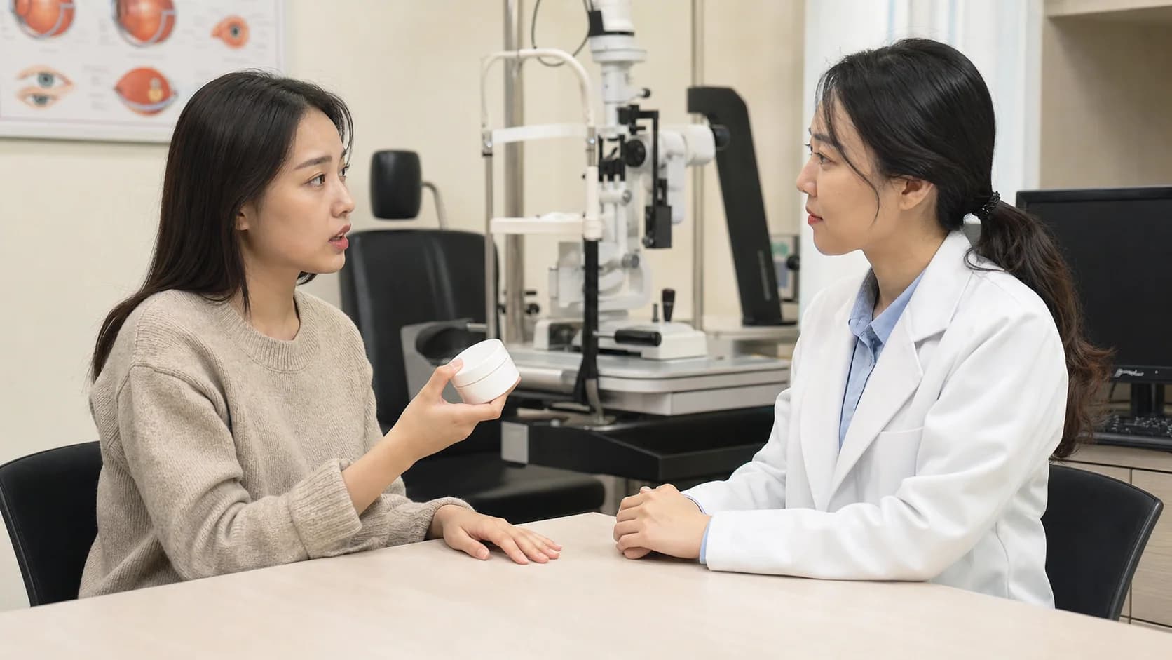 화장품 노출 후 통증과 흐린 시야를 안과 의료진에게 설명하는 상담