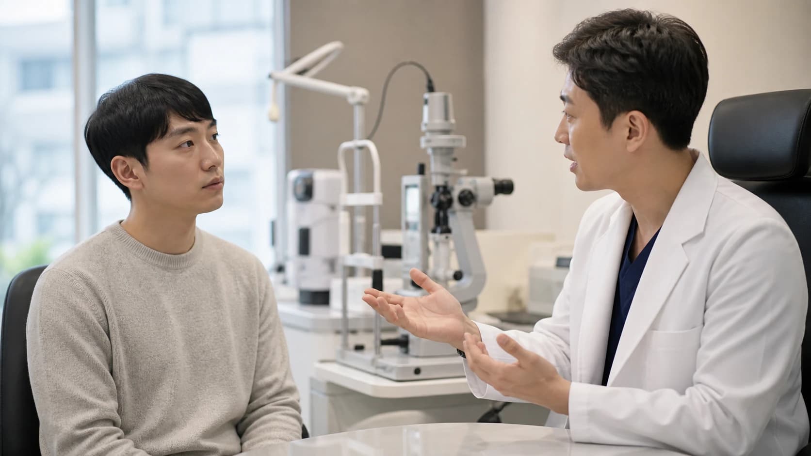 건조감과 통증 눈물 깜박임 및 시선 고정 어려움을 알리고 반복 측정 조건을 확인하는 안내