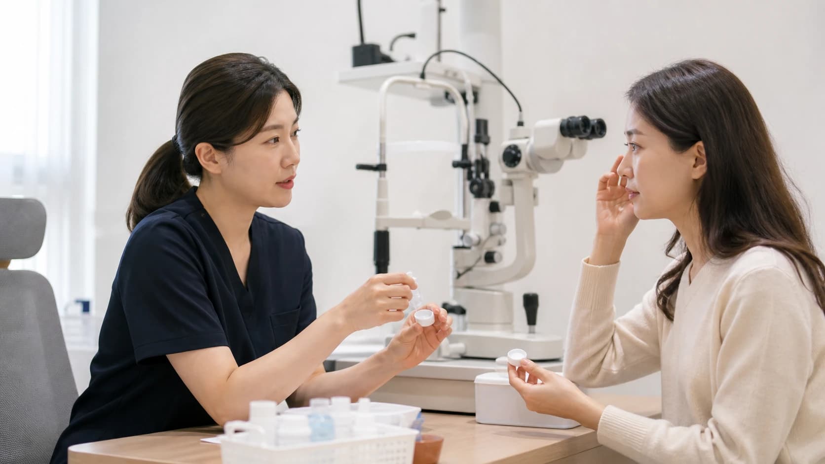 렌즈 착용 상태를 먼저 알리고 안내 뒤 제거하며 진료 뒤 재착용 여부를 확인하는 안내