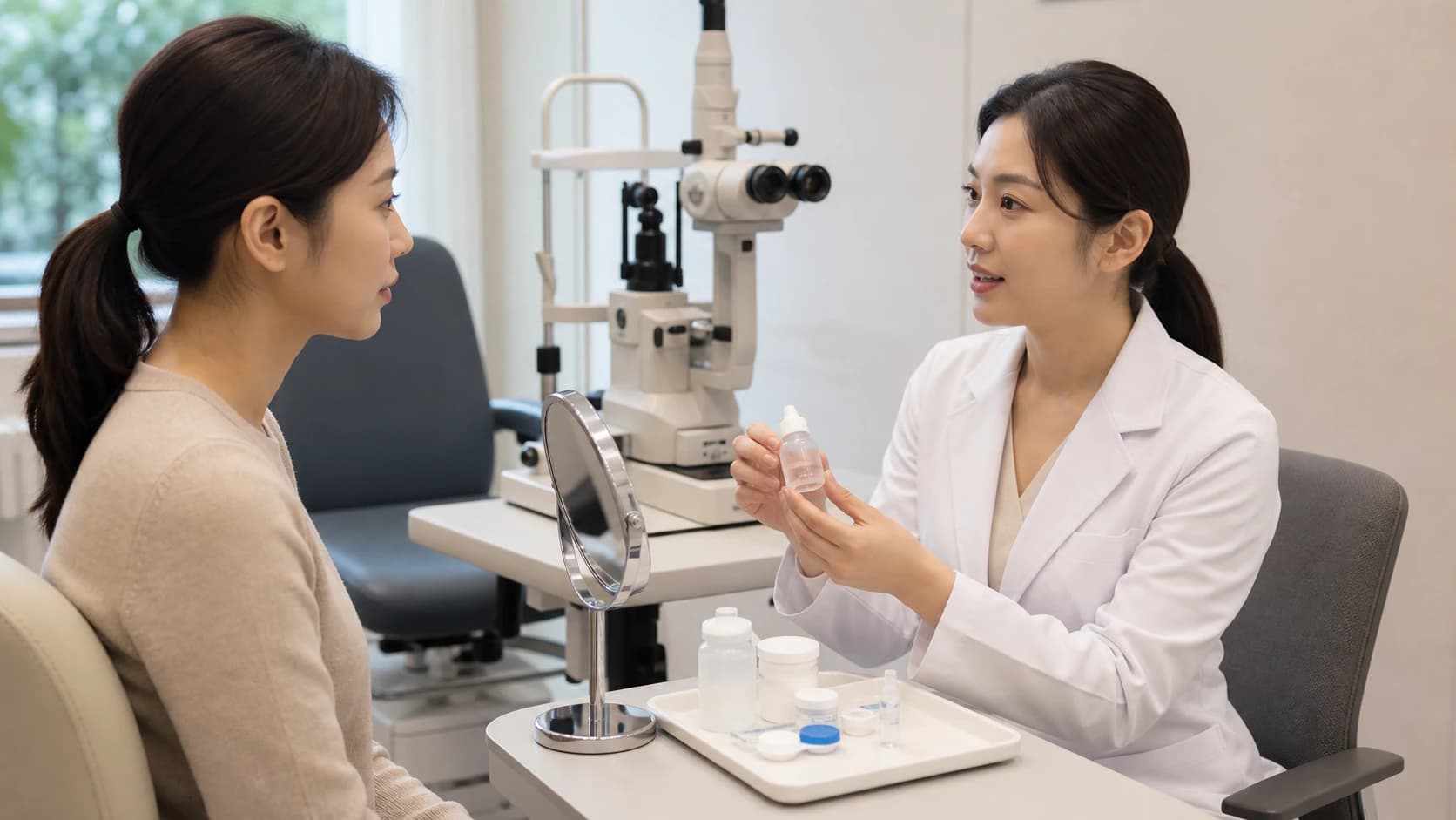 렌즈 착용과 눈물막 시선 고정 반복값 문제를 알리고 재측정 조건을 확인하는 검사 기록
