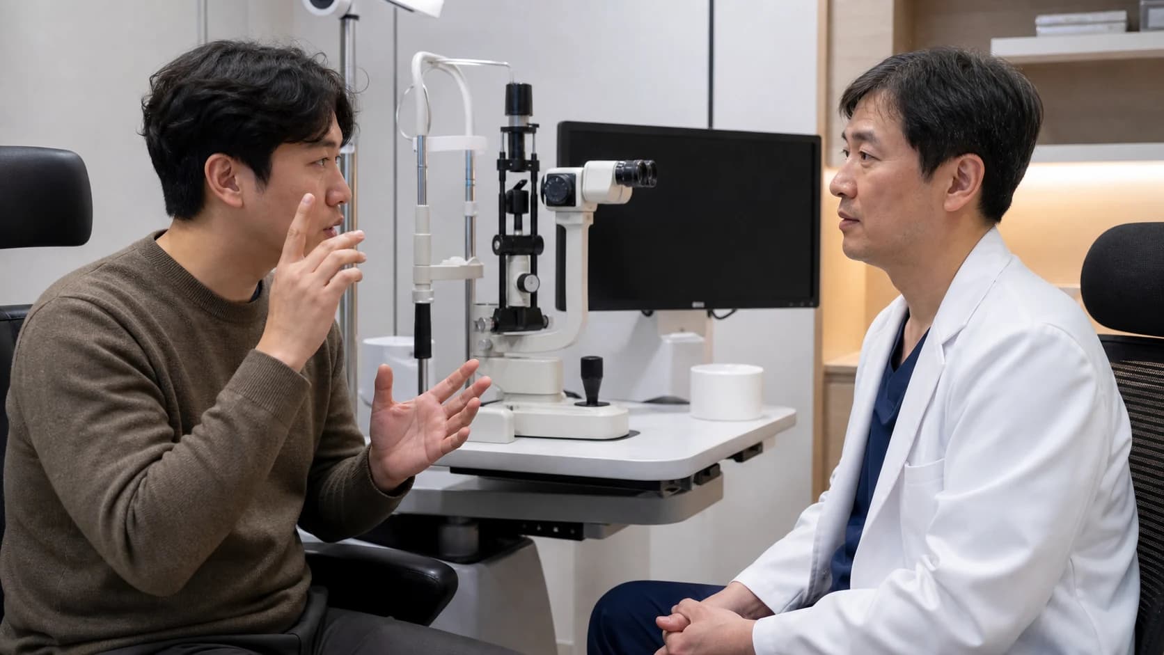 경과 진료에서 시력 숫자와 별도로 건조 후광 복시 대비 저하와 생활 영향을 보고하는 표