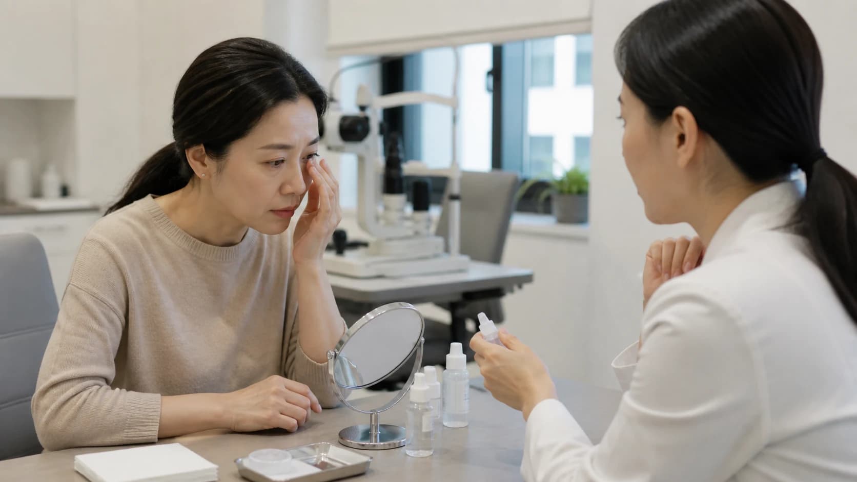 양쪽 눈의 통증과 시야 변화 시작 시각 호전과 악화 새 증상 점안 전후를 기록하는 표