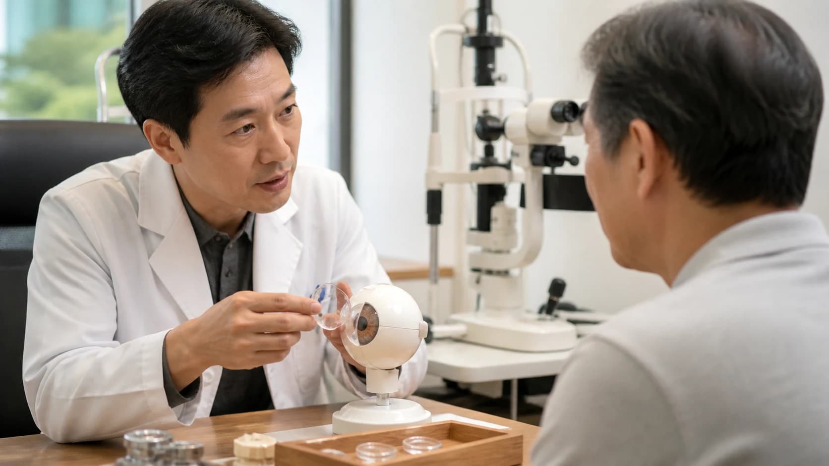 수정체 관련 증상·현재 평가·관찰과 수술 검토 경로를 구분한 표