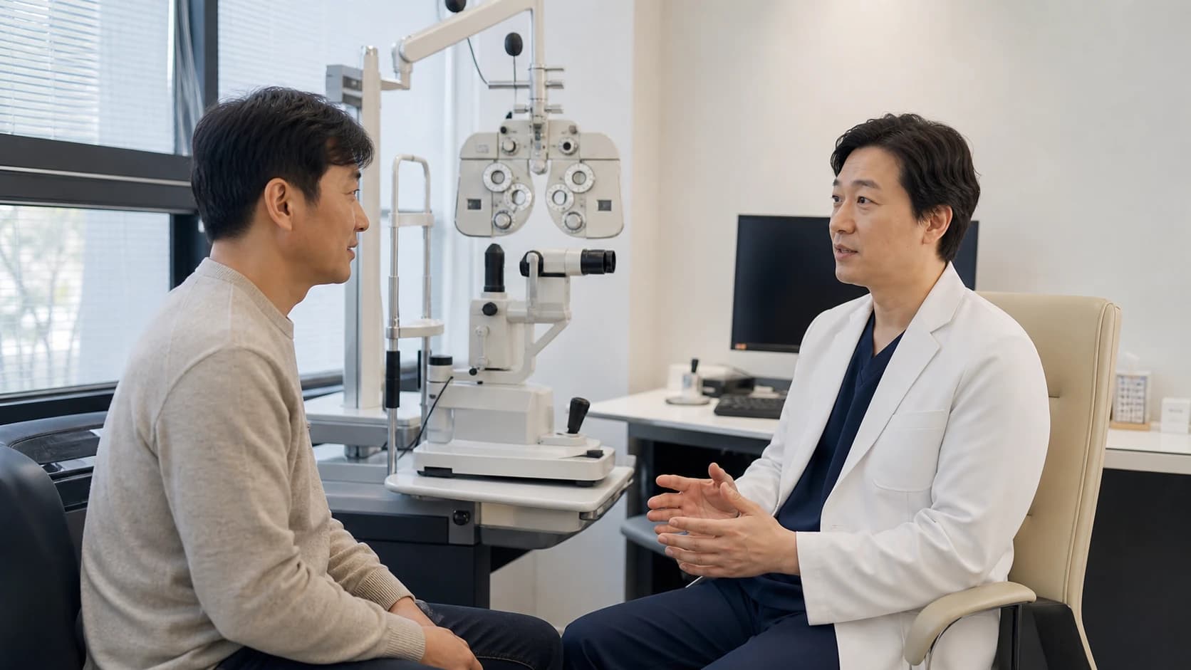 근거리·원거리 과업과 현재 교정·비수술 시험을 함께 확인하는 굴절 평가표