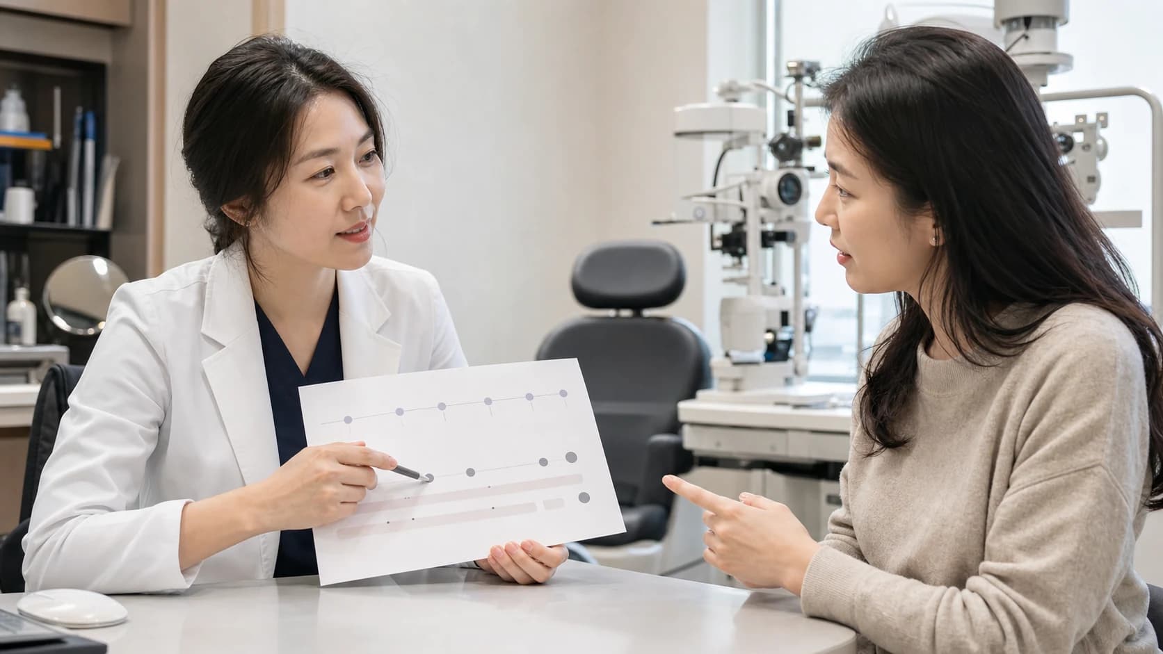 한국 안과 진료실에서 의료진과 환자가 개인별 회복 방향과 확인 시점을 함께 살펴보는 상담 장면
