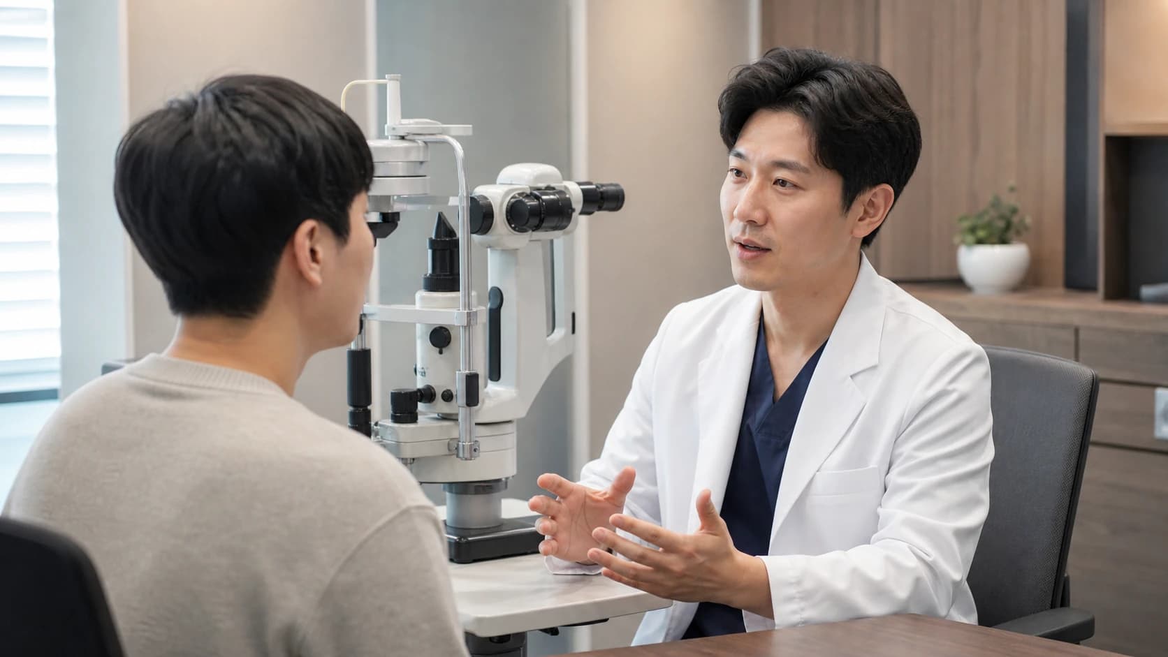 주관적 시야와 불편 방향을 각막 표면 상처 소견 및 처방 행동 결정과 구분하는 정보 도해
