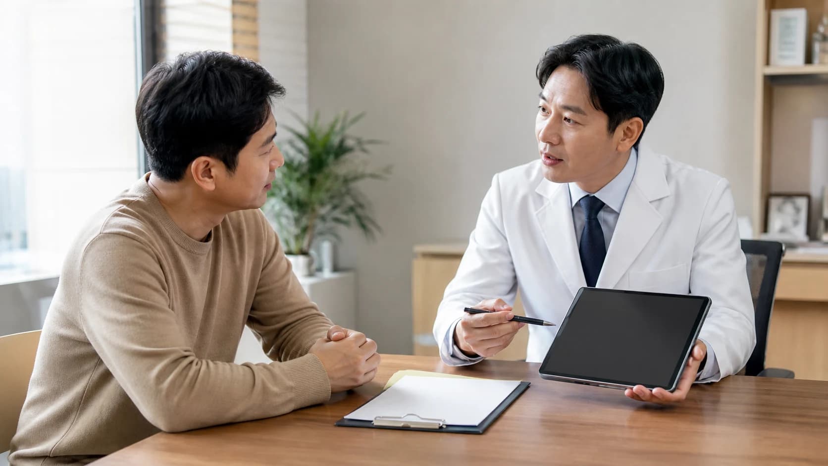 노안 상담의 진단 사실을 고정하고 목표 질환 적응 비수술 선호 조건을 바꿔 권고의 유지 수정 보류를 확인하는 정보 도해