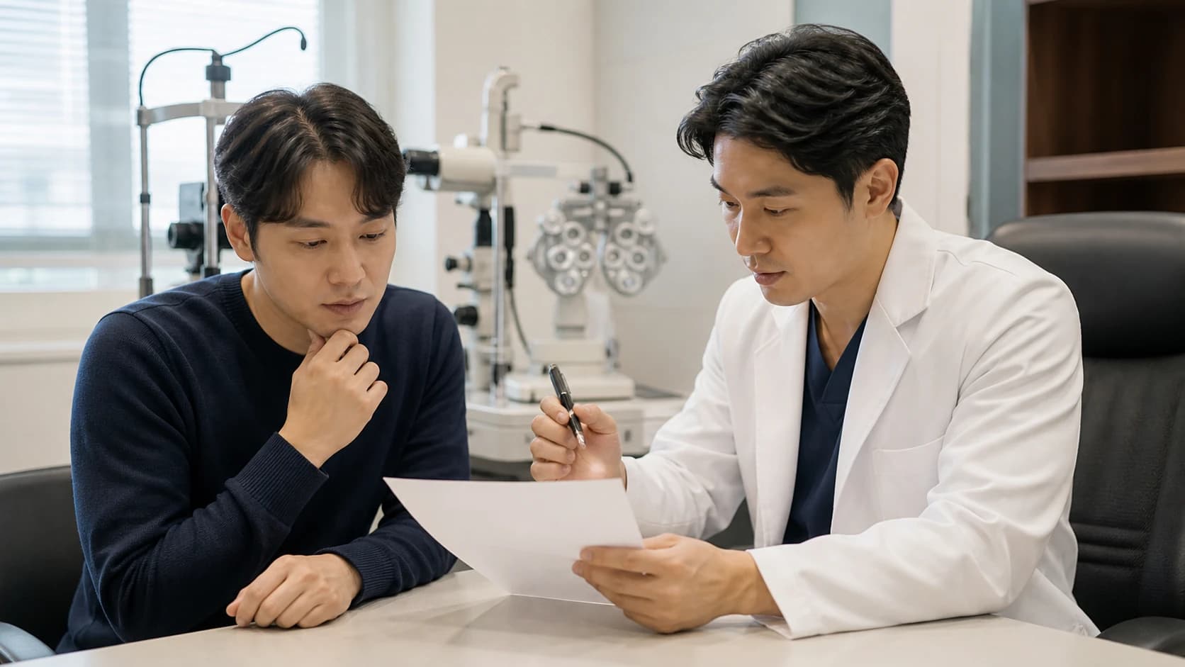 안과 임상 질문에 검사 필요 이유 원본값 영상 해석 범위와 진행 재측정 추가 평가 치료 의뢰 결정을 연결하는 정보 도해