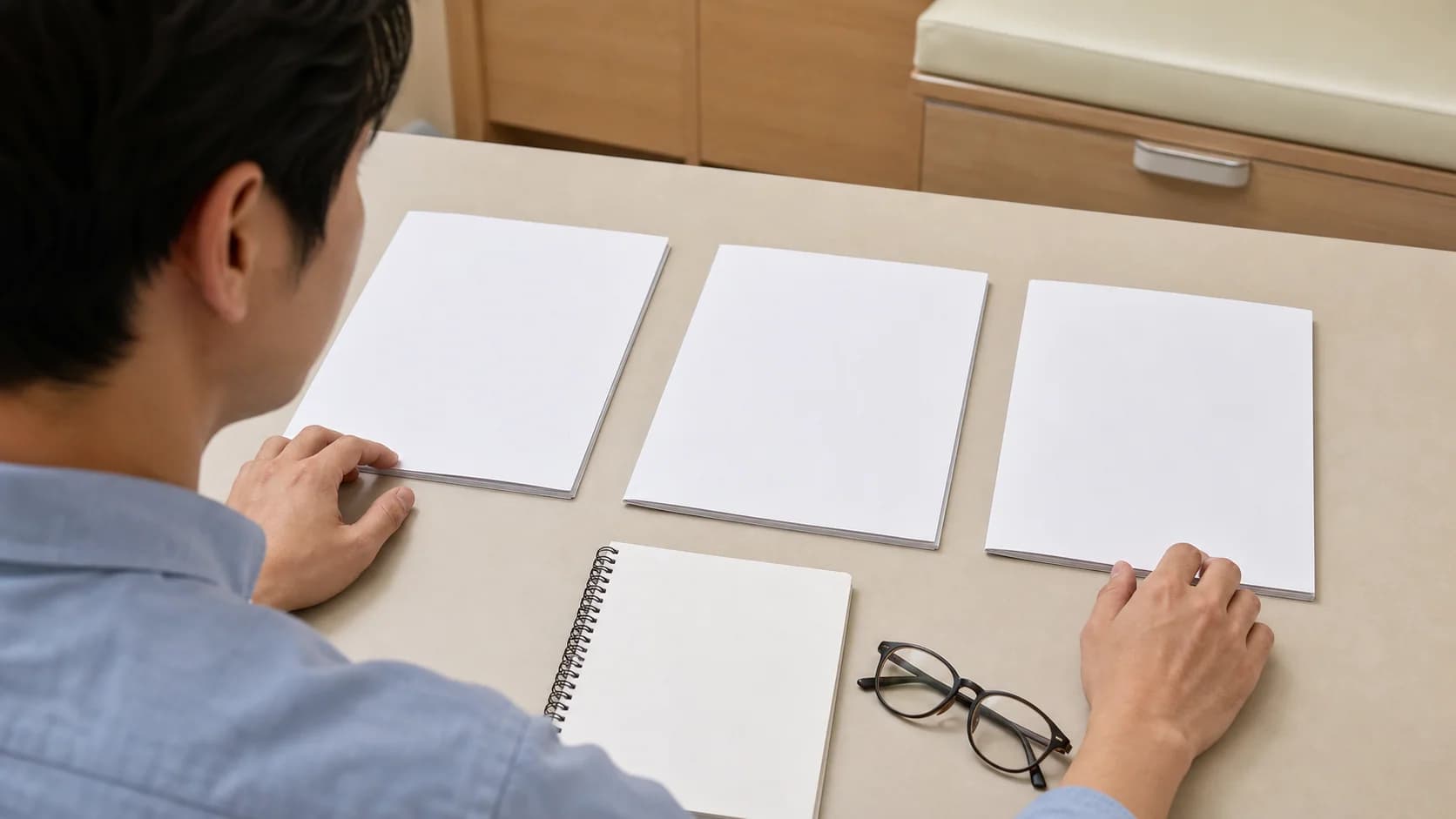 동일한 환자 자료를 무표기 자료철로 나란히 놓고 익명 비교를 준비하는 장면