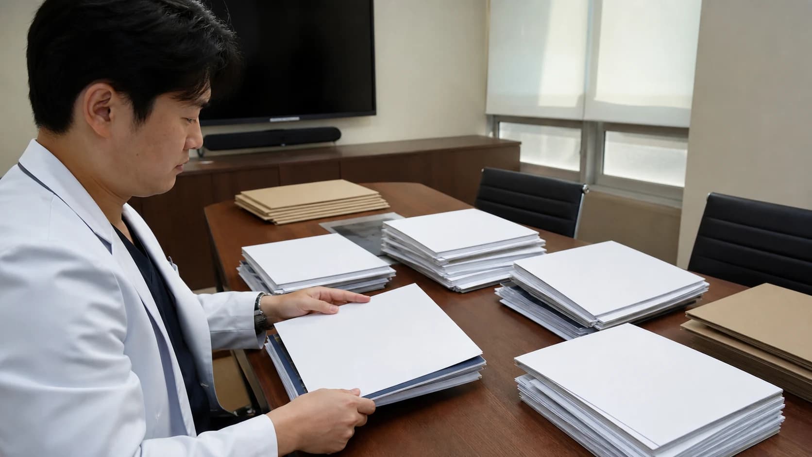 서로 다른 무표기 기관 외관 사진과 자료철을 후보별로 분리해 두는 장면