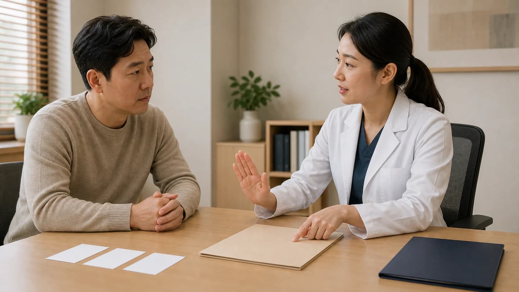 근거 카드가 남아 있어 결정 자료를 멀리 두고 추가 확인을 설명하는 장면