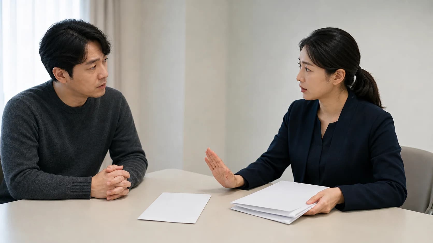 설명되지 않은 자료 한 묶음을 따로 보존하고 판단을 멈추는 상담 장면