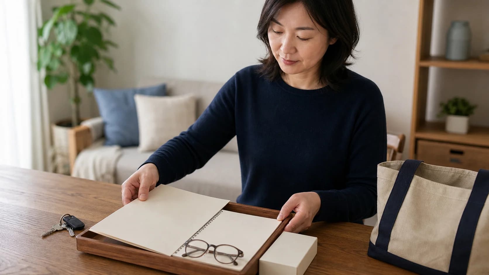치료 자료와 시간선 노트, 안경과 제품 상자를 챙겨 진료 이동을 준비하는 장면