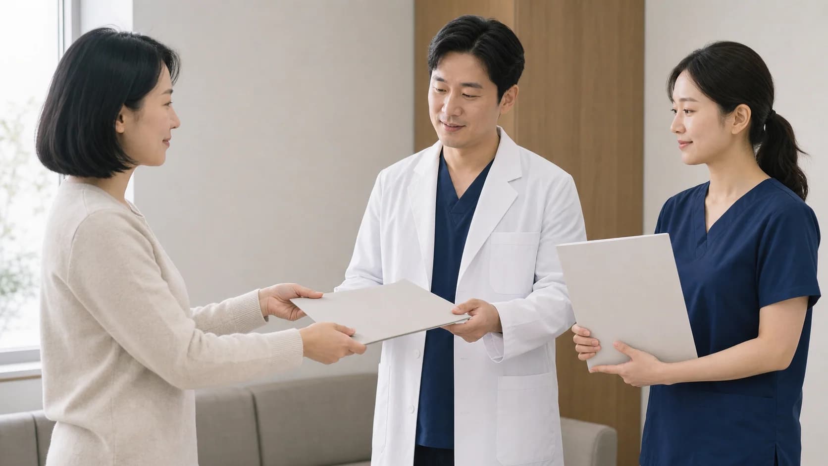 환자와 두 의료진이 진료 연속성 자료와 후속 책임 자료의 인계를 확인하는 장면