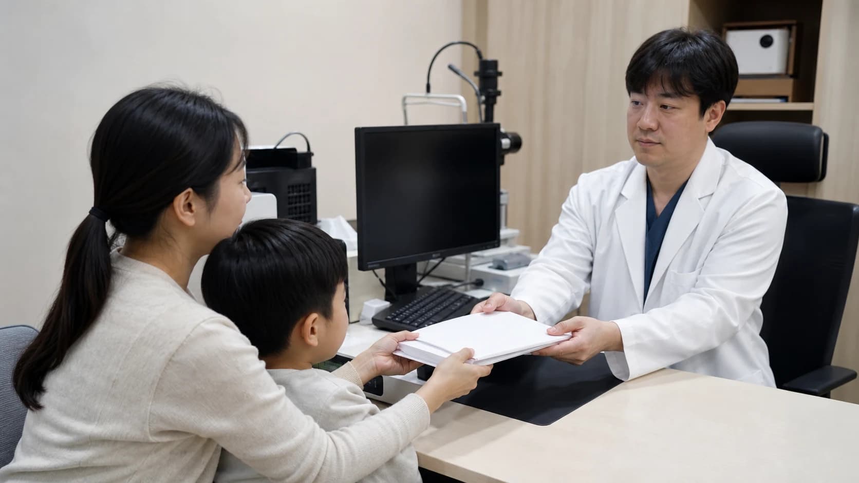 보호자가 아이와 함께 가정 관찰 자료를 의료진에게 전달하는 장면