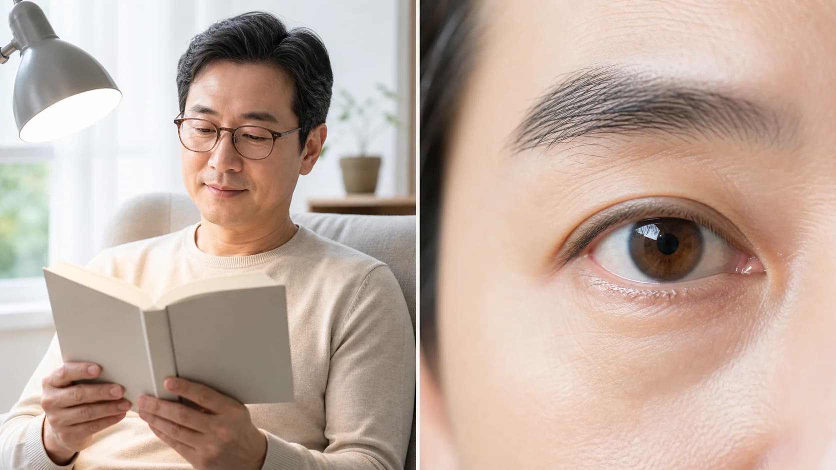 가까운 글씨 초점과 눈물막 불편을 서로 다른 장면으로 분리한 이미지
