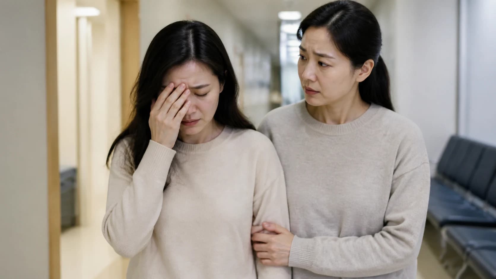 빠르게 붓고 시야가 흐린 사람이 보호자와 진료로 향하는 모습