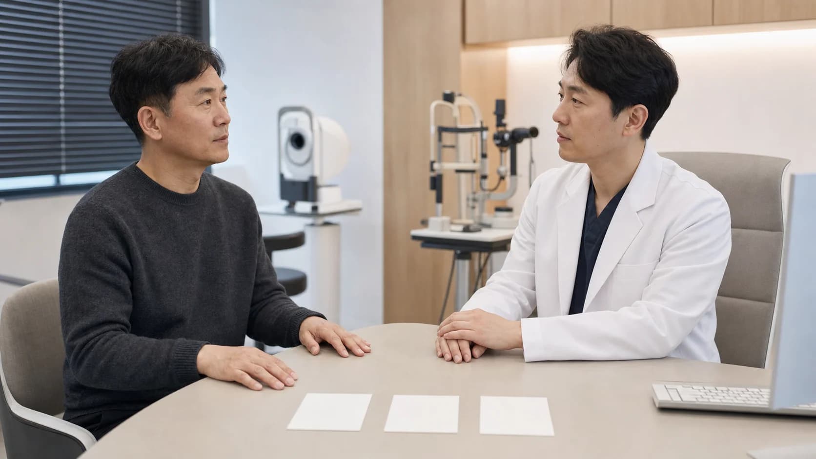 환자가 얼굴을 만지지 않은 채 의료진이 눈가 피부와 눈꺼풀 위치를 비접촉으로 관찰하는 상담 장면
