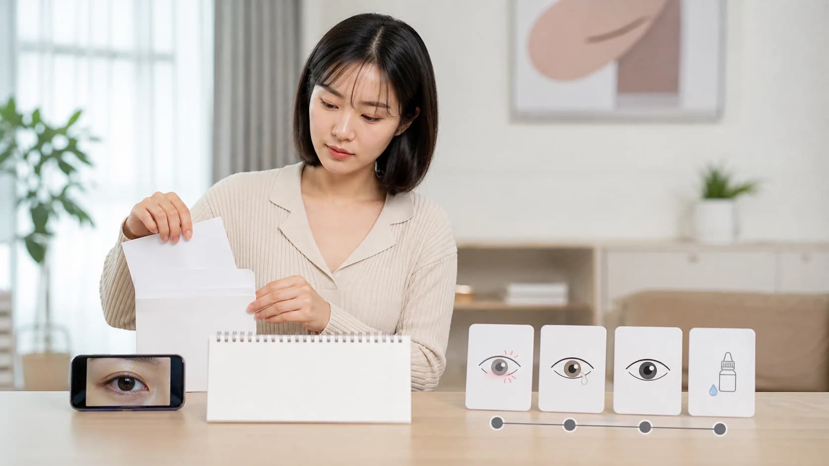 수술일·병변 발견·증상 변화·사용 점안제를 무문자 카드로 정리하는 장면