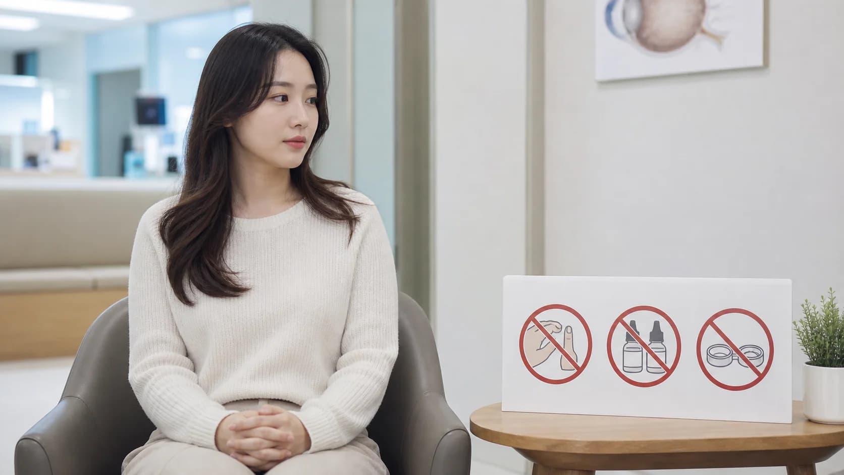 병변을 만지지 않고 압출·임의 점안·보호렌즈 제거를 보류하는 환자