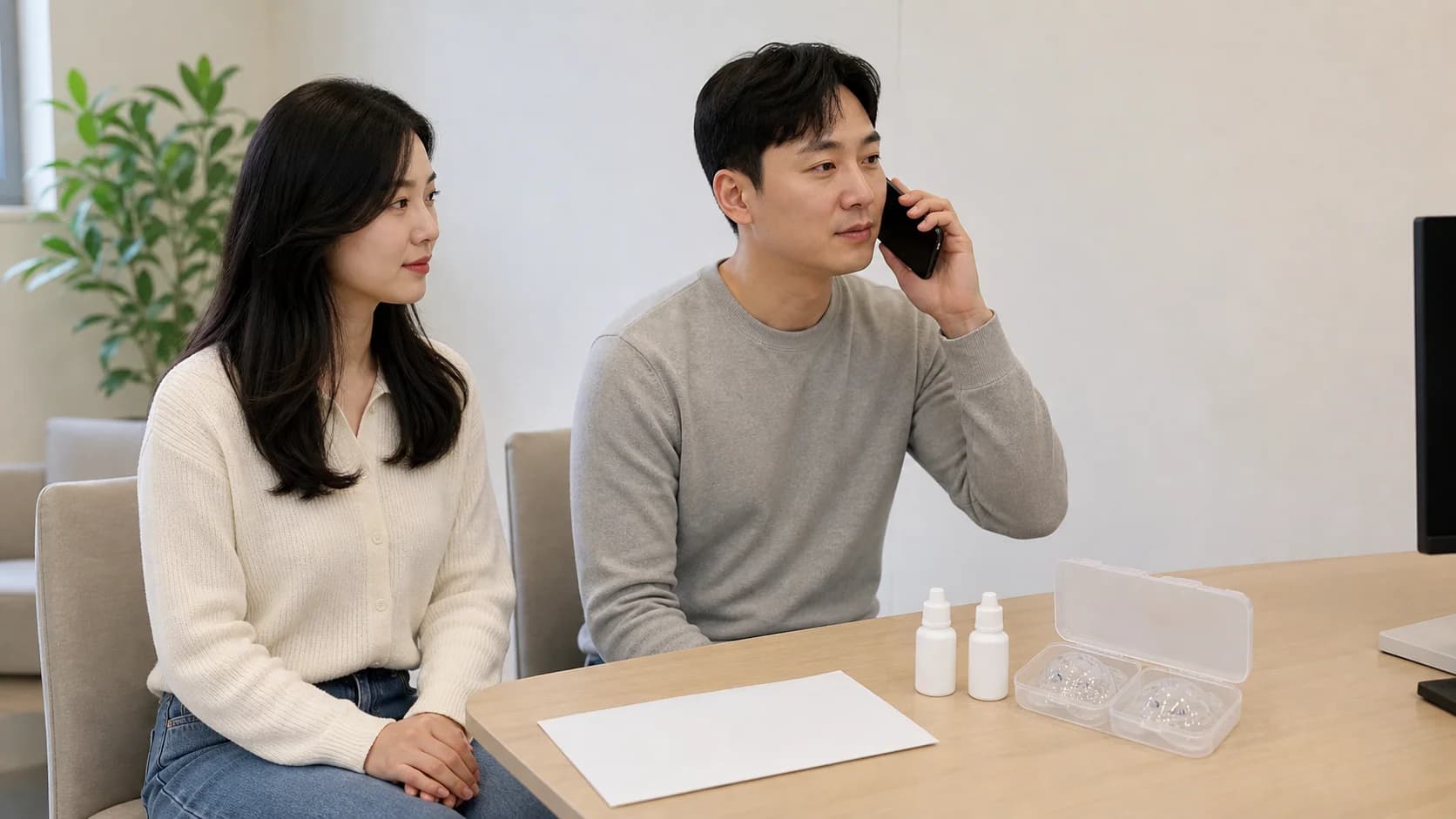 수술 봉투·보호대·무표기 점안 용기를 준비하고 수술 의료진에게 연락하는 장면
