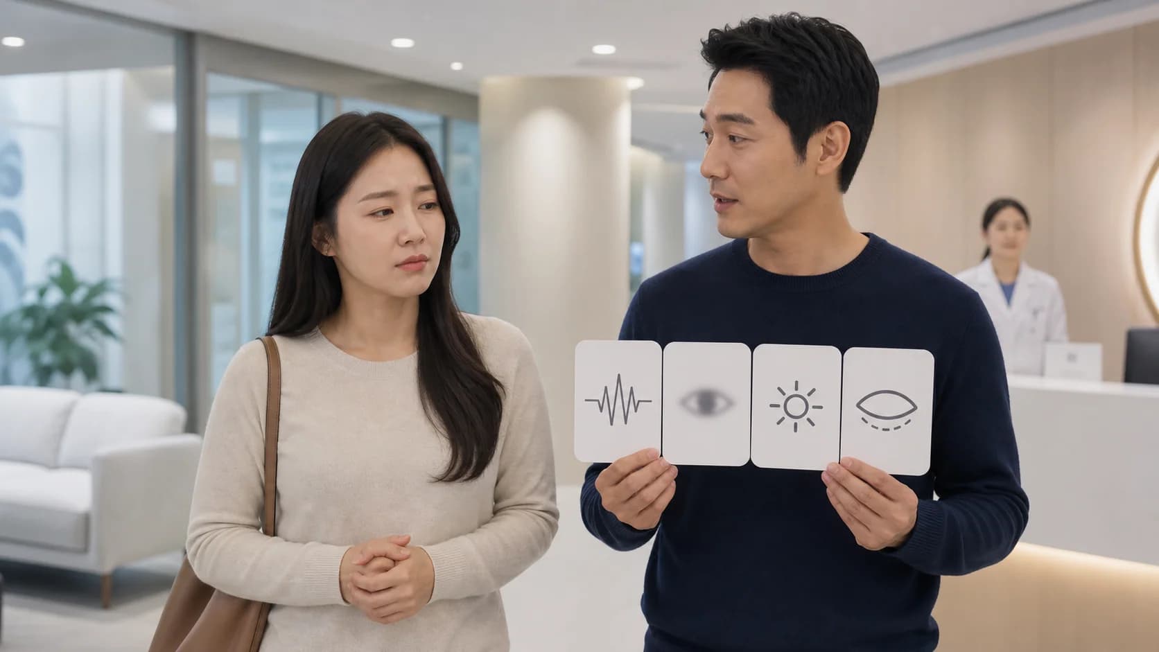 통증·시력 저하·광과민·퍼지는 붓기 신호를 확인하고 신속 진료로 이동하는 장면