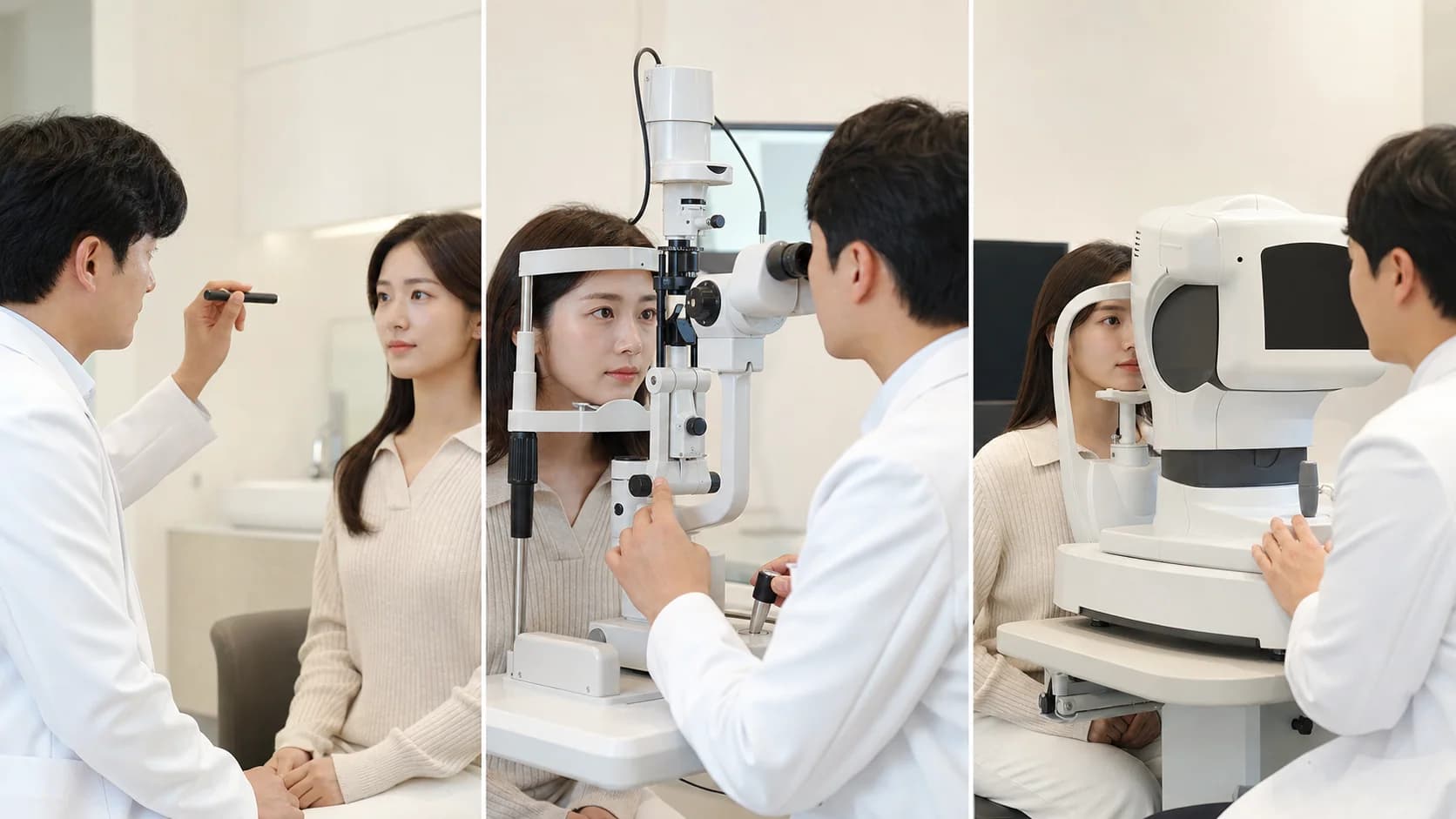 안전 거리 눈꺼풀 관찰·세극등·비접촉 각막 촬영으로 병변 위치를 확인하는 안과 검사