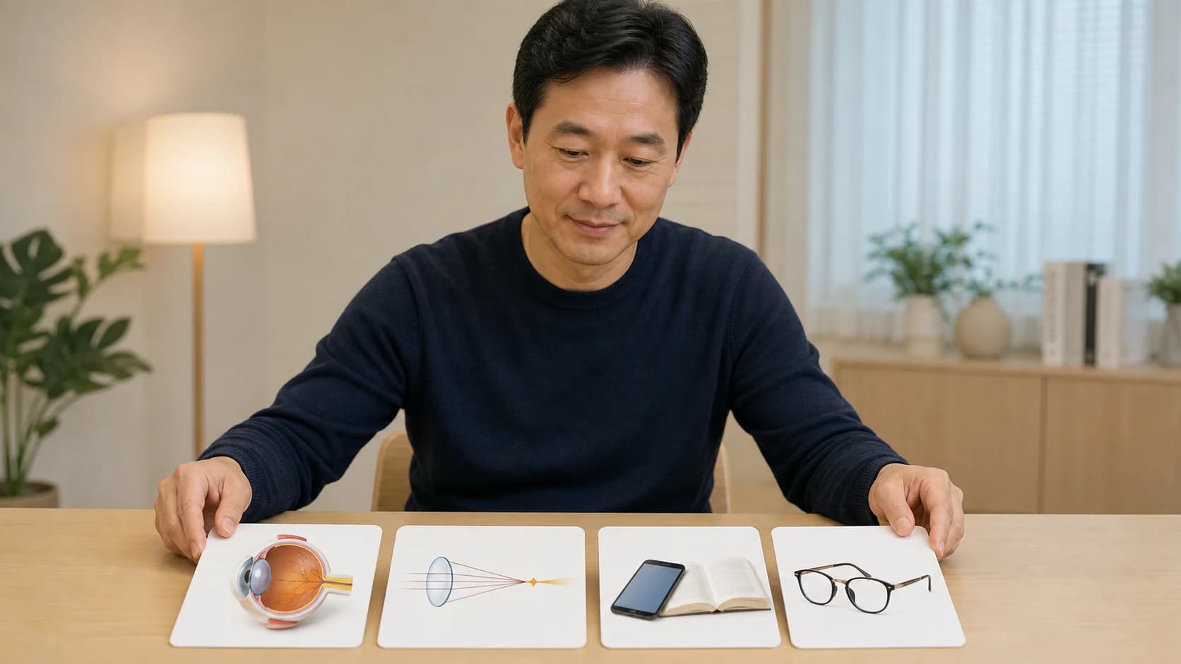 눈 구조·굴절 상태·근거리 과업·교정수단 네 층으로 노안 불편을 정리하는 성인