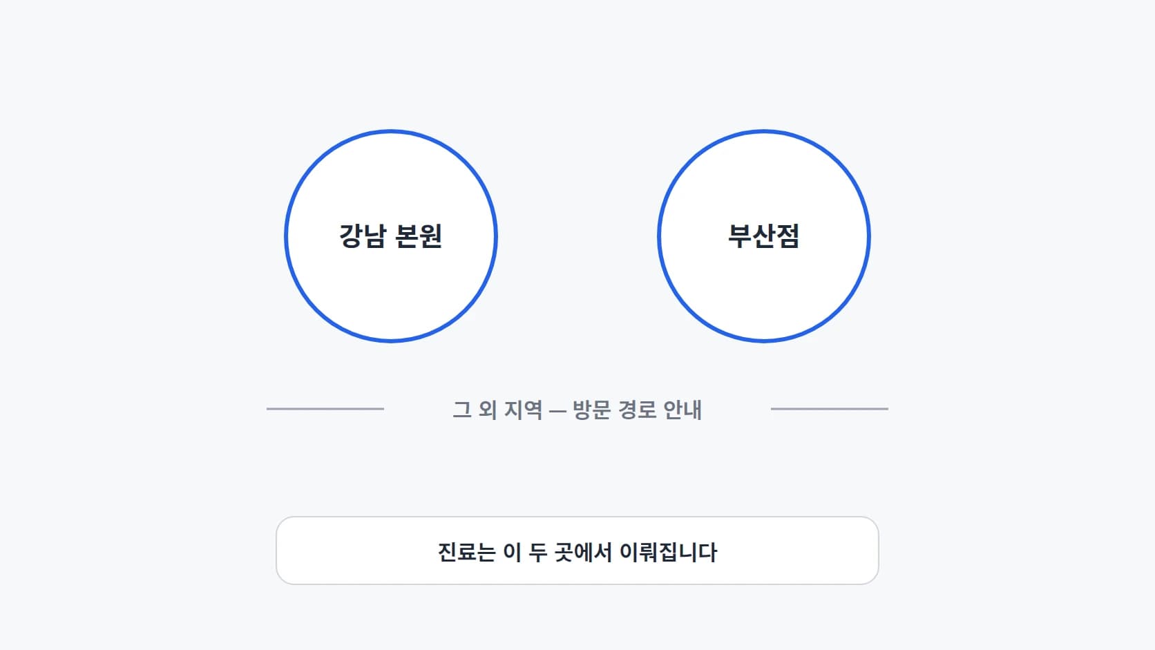 강남 본원과 부산점 두 곳을 같은 크기의 원으로 나란히 놓아 진료하는 곳을 표시한 도해