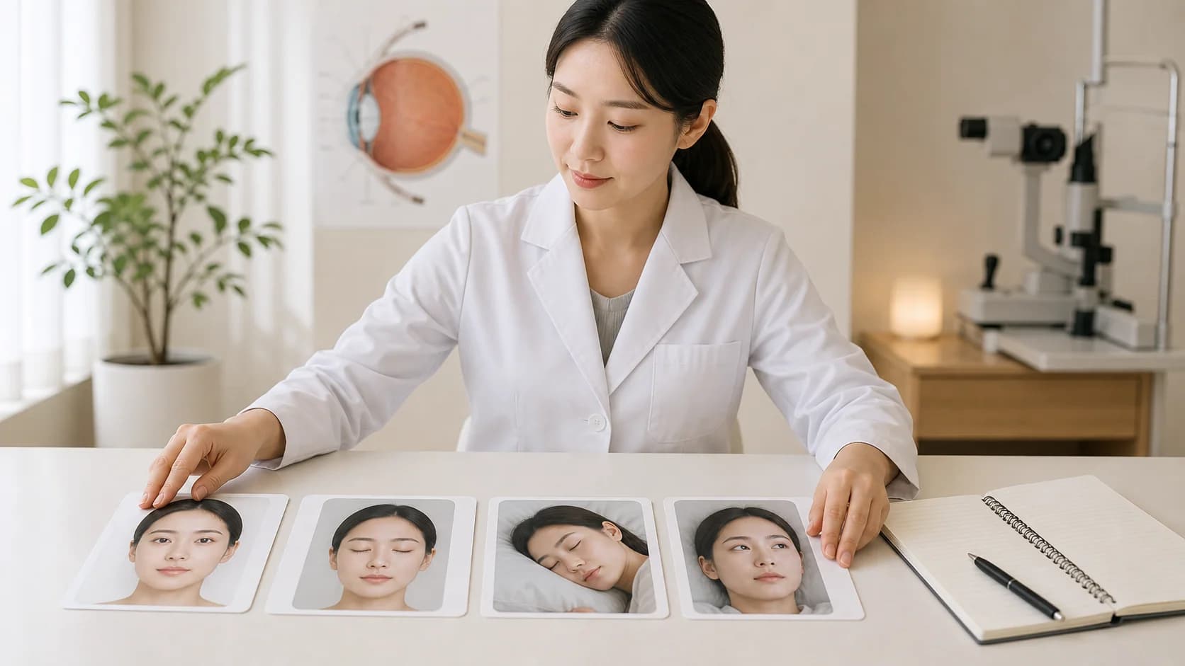 눈을 감기 전과 감고 깨어 있는 동안, 수면, 첫 눈뜸의 네 구간을 기록하는 성인